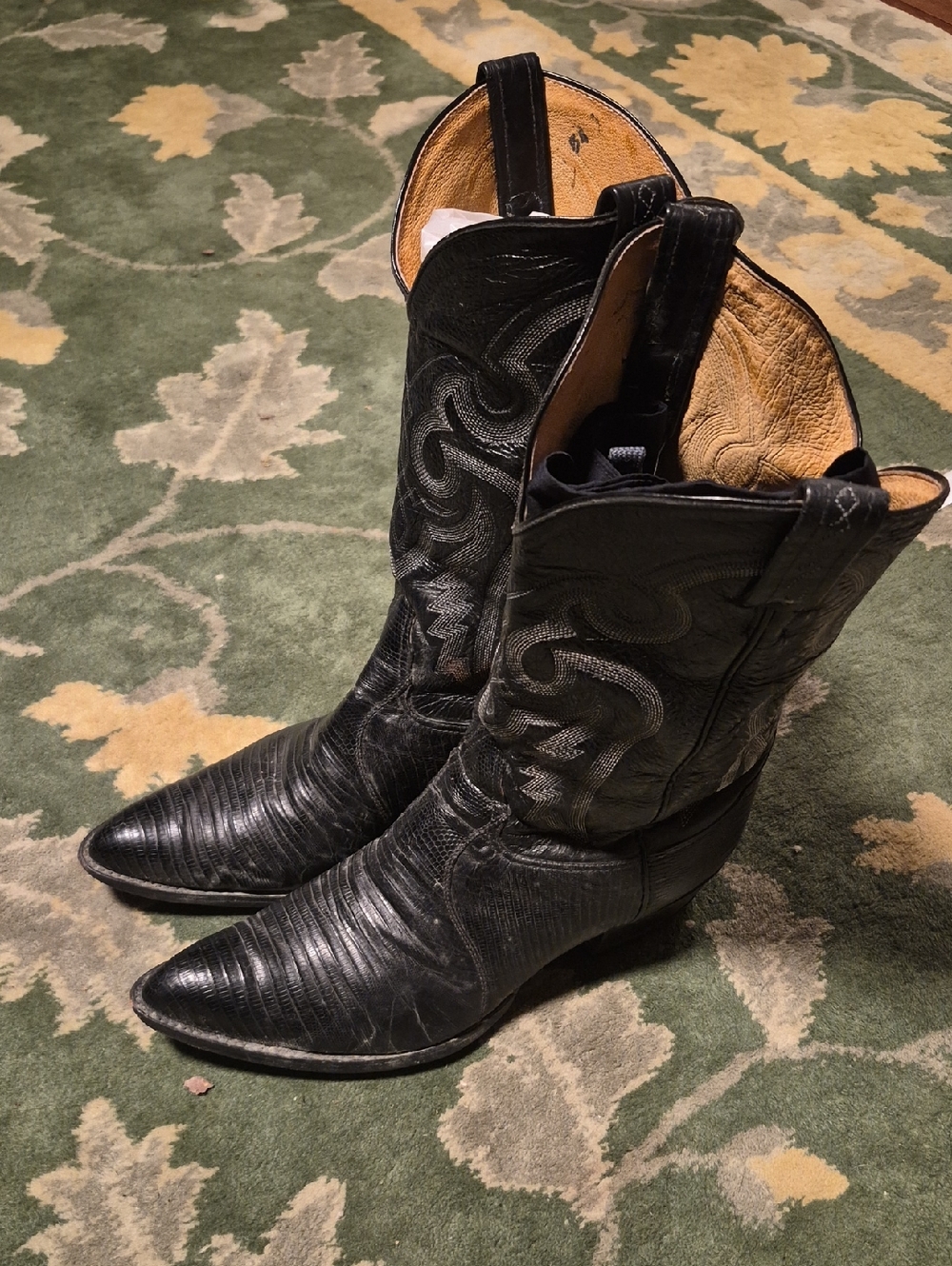 Tony Lama Black Leather Western Cowboy Boots with Embroidered Vamp
